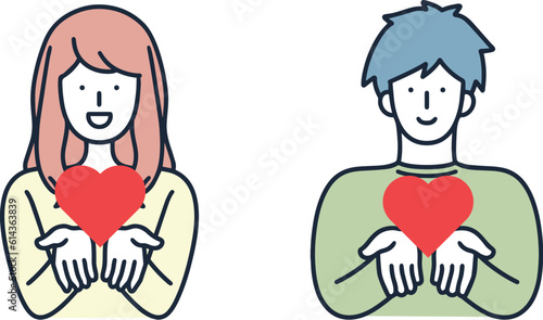 愛　恋　ハートを持っている男女　シンプルイラスト