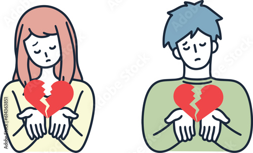失恋　破局　ハートを持っている男女セット　シンプルイラスト