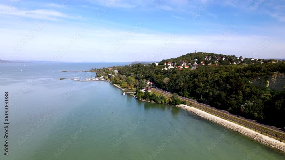 Rising aerial view of Fonyod, Hungary on shore of Lake Balaton. Rising aerial view of Fonyod, Hungary on shore of Lake Balaton.