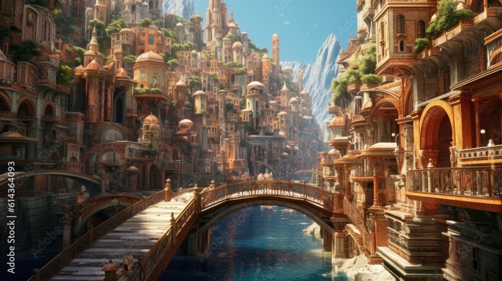 A city in water with a bridge, in the style of mythology-inspired architecture, with a bright sky and mountain in the background. Generative AI