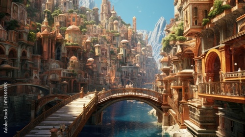 A city in water with a bridge  in the style of mythology-inspired architecture  with a bright sky and mountain in the background. Generative AI