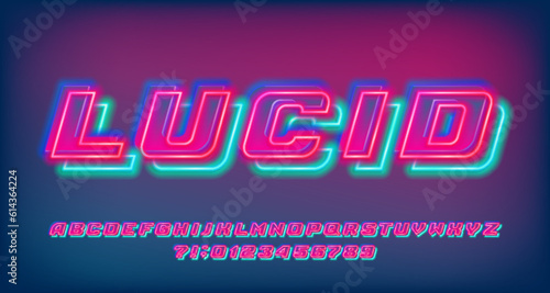 Lucid alphabet font. Bright neon color letters and numbers. Stock vector typeface for your design.