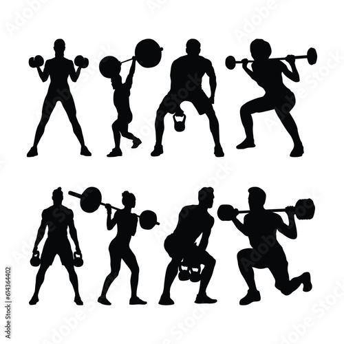 Sport gym woman and man silhouettes isolated on white background