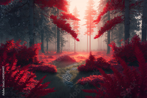 Red, ultra-realistic tropical rainforest,sunrise in the forest,rainy forest ,autumn in the forest