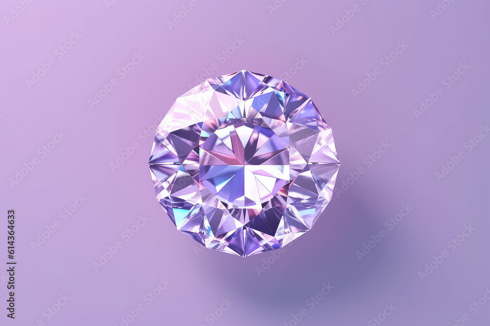 Top view of one beautiful brilliant gemstone with facets isolated on a flat purple background with copy space. Minimal creative concept. Generative AI 3d render illustration imitation. Top view of one beautiful brilliant gemstone with facets isolated on a flat purple background with copy space. Minimal creative concept. Generative AI 3d render illustration imitation.