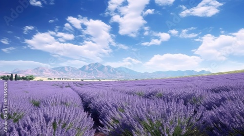 A vast and serene lavender field stretching out into the distance, mountains and a bright sky in the background. Generative AI