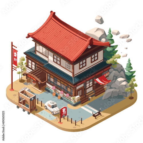 Japanese Onsen Ryokan in flat vector and isometric style