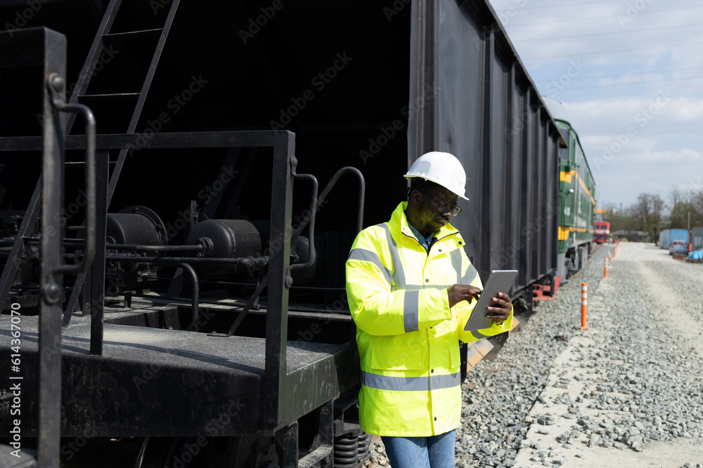 Industrial transportation. Railroad supervisor walking by cargo train with construction material at train station. Industrial transportation. Railroad supervisor walking by cargo train with construction material at train station.
