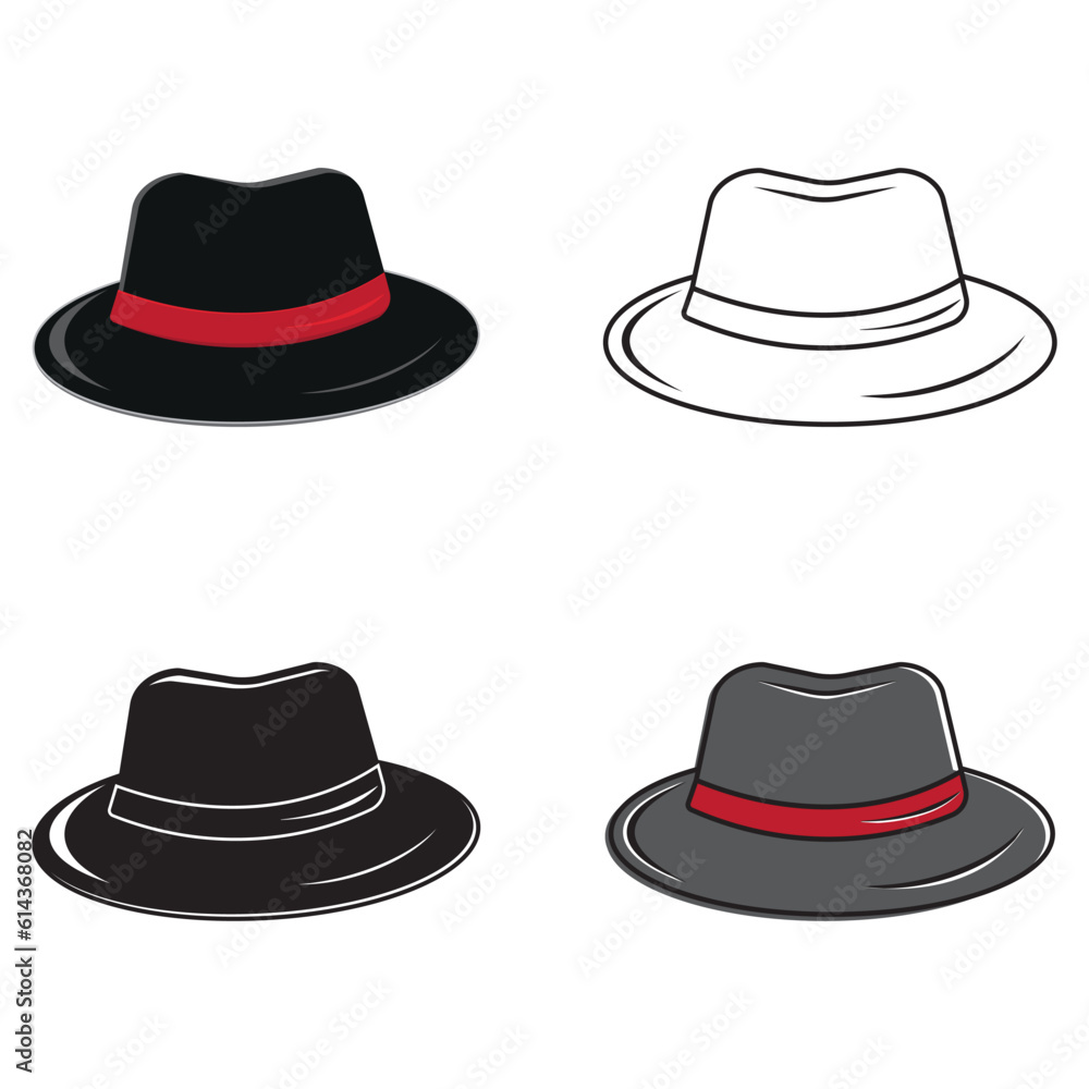 Men's hat. Black classic men's hat with brim. Vector illustration, flat design element, cartoon style, isolated on white background. Front view.