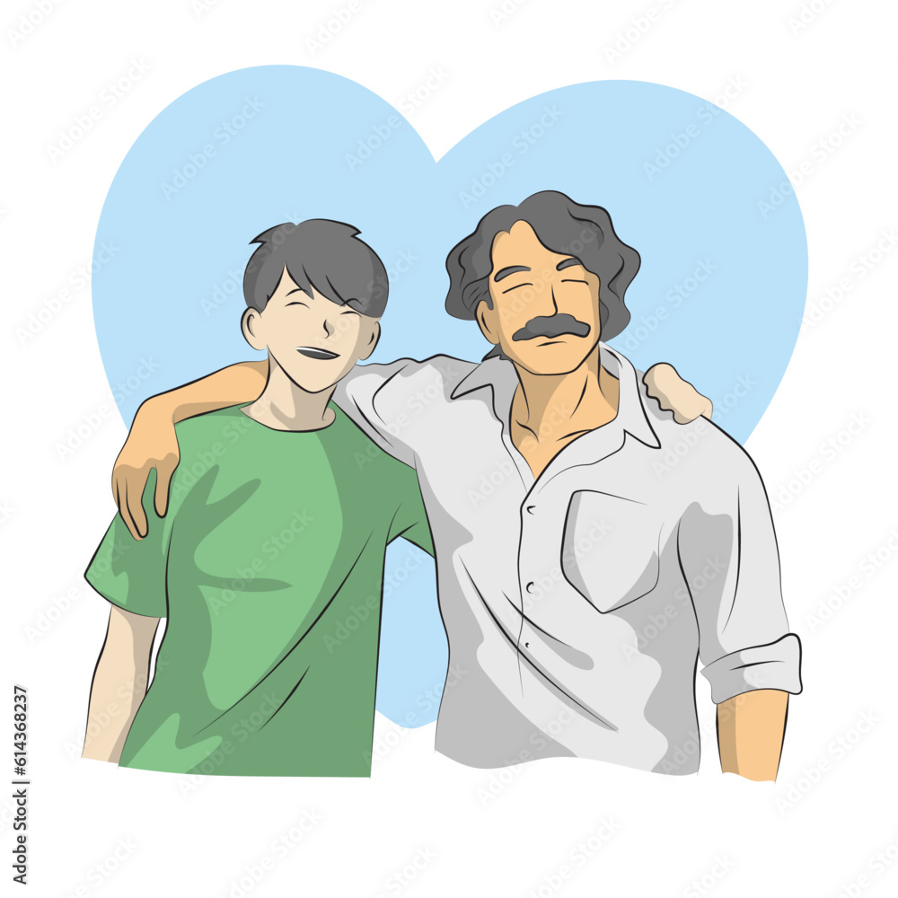 Fototapeta premium line art father hug son in front of blue heart illustration vector hand drawn isolated on white background