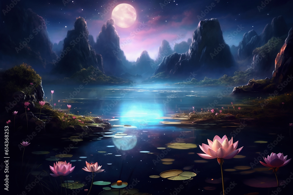 Surreal fantasy night scene with moon rising over a lake with lotus flowers.  Generative AI.