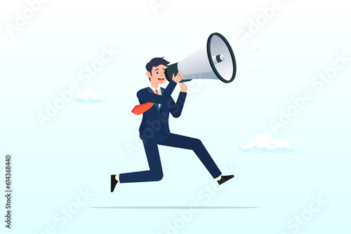 Confidence young businessman using megaphone speak out loud to be heard in public, business shout out, speaking out loud to communicate with co-worker or draw attention and announce promotion (Vector)