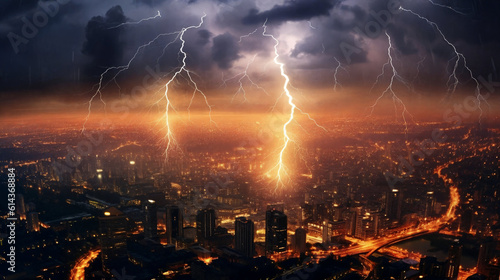 Lightning over the city, panorama. AI Generative