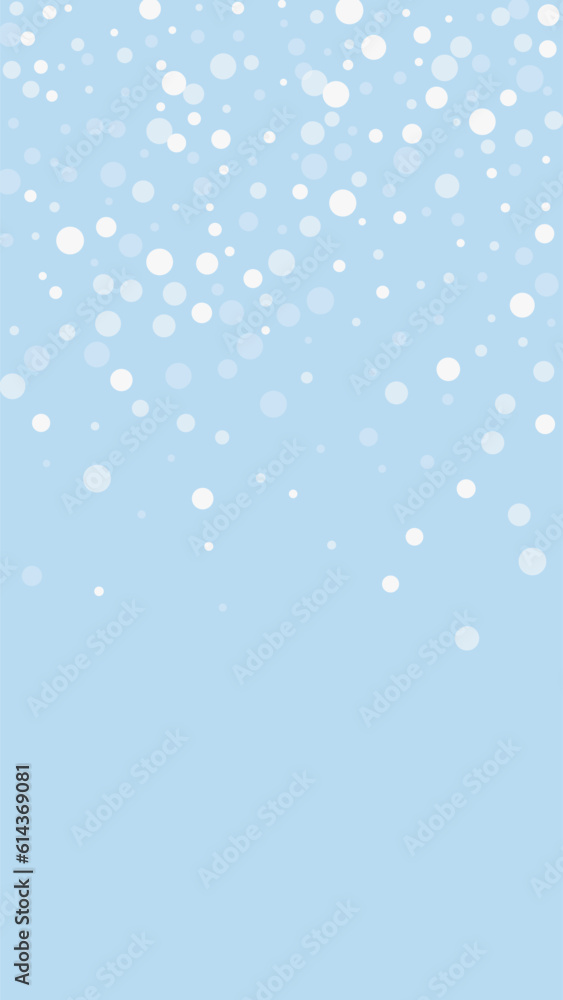 Snowfall overlay christmas background. Subtle flying snow flakes and stars on light blue winter backdrop. Festive snowfall overlay. Vertical vector illustration.