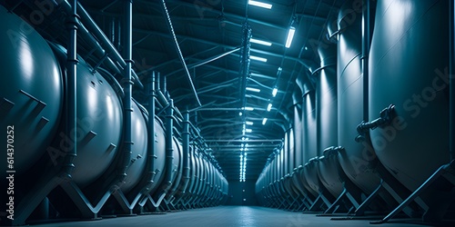Steel Tanks and Interconnecting Metal Pipes. Large Industrial Tanks and Metal Pipes Dominating the Landscape. Steel Tanks and Interconnecting Metal Pipes Generative AI.