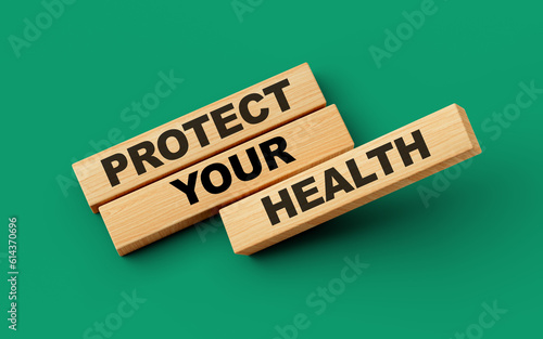 Wooden blocks with protect your health word on colorful isolated background 3d illustration