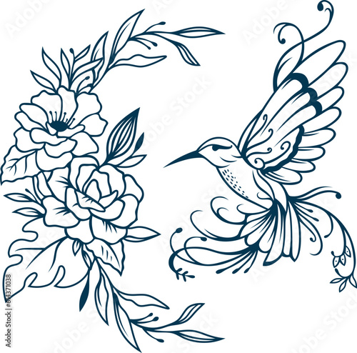 Abstract Hummingbirds Tattoo Silhouette with Floral Accent