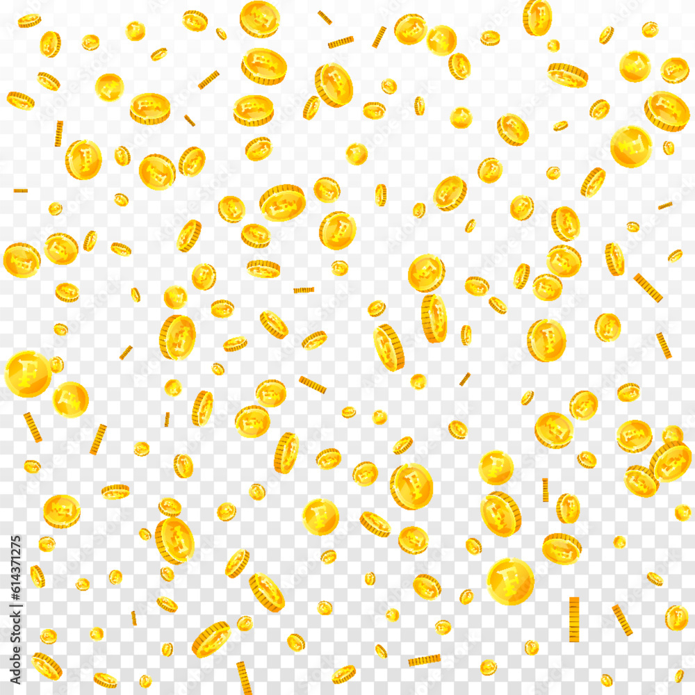 Swiss franc coins falling. Gold scattered CHF Swiss franc coins falling. Gold scattered CHF
