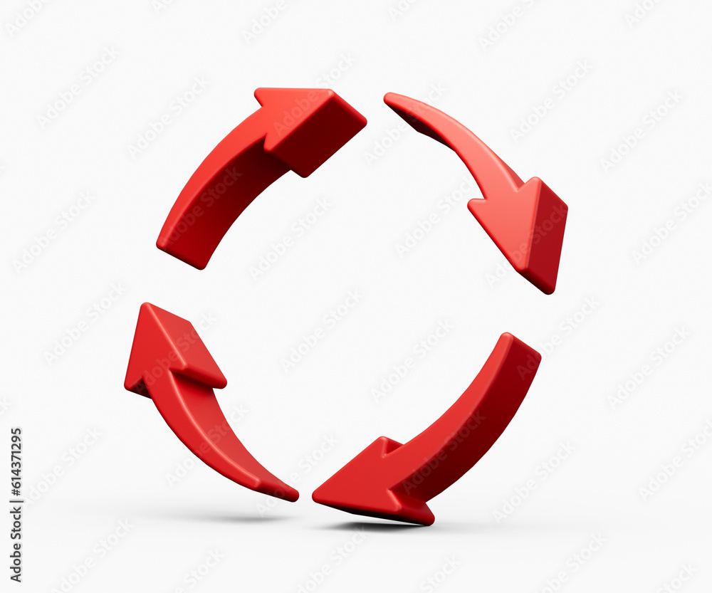 3d Red Recycle Icon Symbol 3d Four Red Rotation Arrows Isolated On White Background 3d illustration 3d Red Recycle Icon Symbol 3d Four Red Rotation Arrows Isolated On White Background 3d illustration