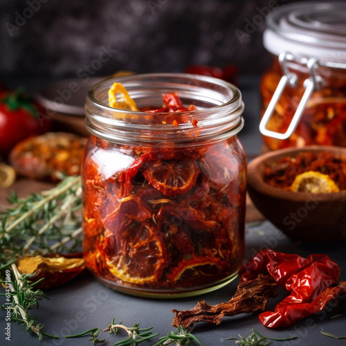 Sun dried tomatoes with herbs and spices. Generative AI