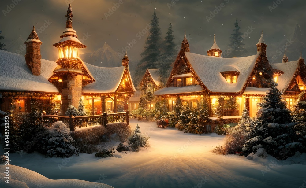 温かい雰囲気のクリスマスポストカード、村と自然の野外の風景