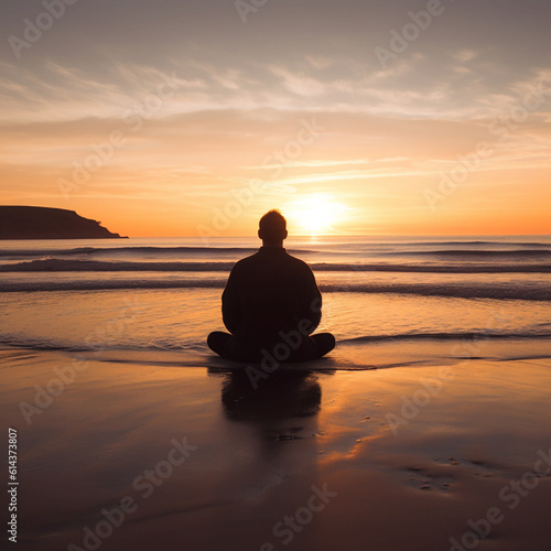 Silhouette of a man sitting on the ocean from the back, who meditates at sunrise © Verzh