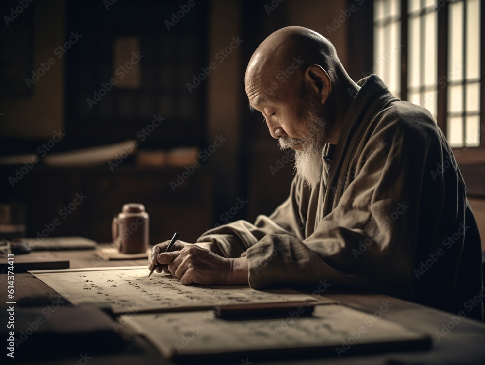 A man practicing Zen calligraphy, his movements fluid and deliberate, with a backdrop of parchment paper and inkstones . Generative AI A man practicing Zen calligraphy, his movements fluid and deliberate, with a backdrop of parchment paper and inkstones . Generative AI