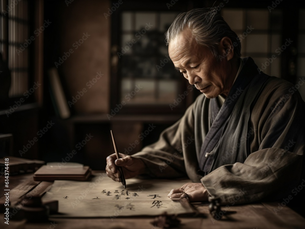 A man practicing Zen calligraphy, his movements fluid and deliberate, with a backdrop of parchment paper and inkstones . Generative AI A man practicing Zen calligraphy, his movements fluid and deliberate, with a backdrop of parchment paper and inkstones . Generative AI