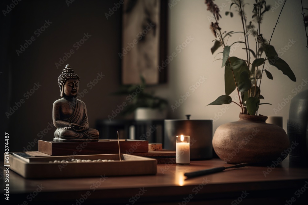 A small Zen altar in a minimalist room, adorned with a Buddha statue, incense, and fresh flowers . Generative AI A small Zen altar in a minimalist room, adorned with a Buddha statue, incense, and fresh flowers . Generative AI