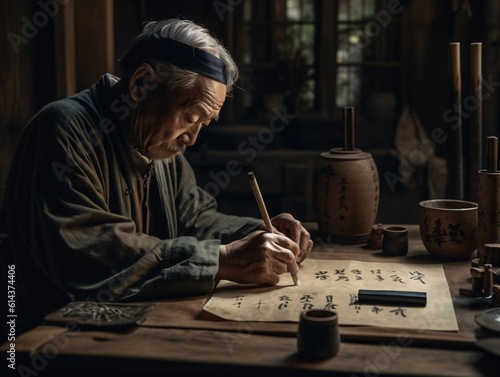 A man practicing Zen calligraphy, his movements fluid and deliberate, with a backdrop of parchment paper and inkstones . Generative AI