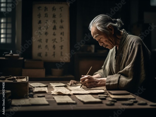 A man practicing Zen calligraphy, his movements fluid and deliberate, with a backdrop of parchment paper and inkstones . Generative AI photo