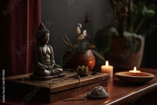 A small Zen altar in a minimalist room, adorned with a Buddha statue, incense, and fresh flowers . Generative AI