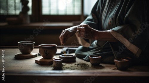 A tea ceremony conducted with Zen simplicity and reverence, with close-up focus on the tea set and brewing process . Generative AI