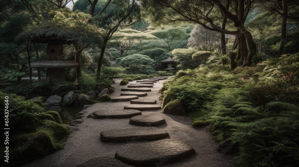 A Zen stone path winding through a beautifully landscaped garden, evoking a sense of calm and tranquility . Generative AI A Zen stone path winding through a beautifully landscaped garden, evoking a sense of calm and tranquility . Generative AI