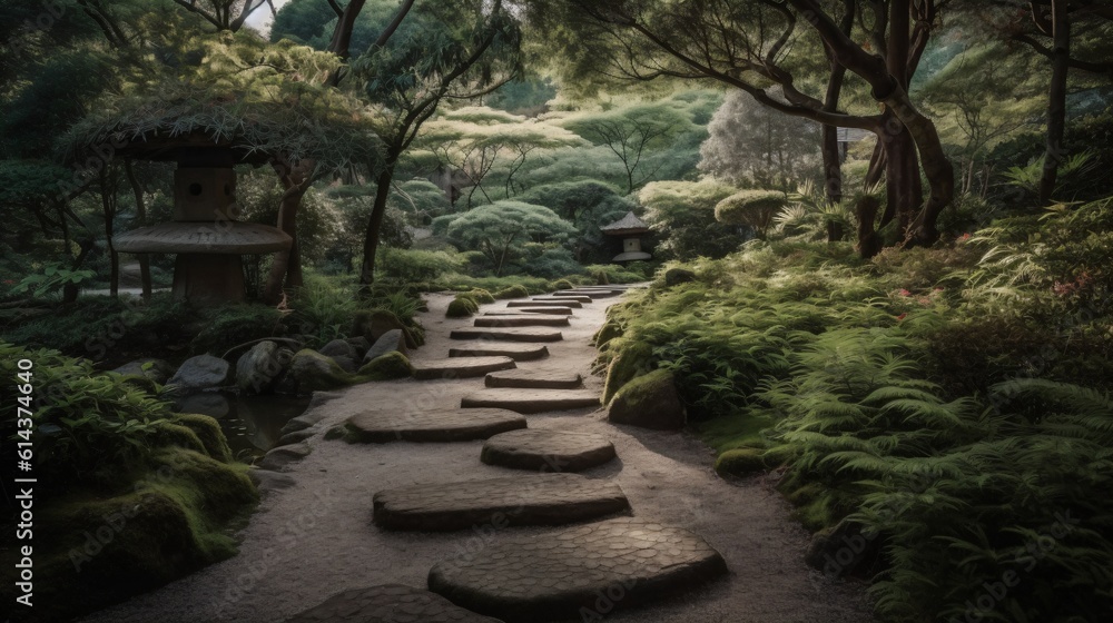 A Zen stone path winding through a beautifully landscaped garden, evoking a sense of calm and tranquility . Generative AI