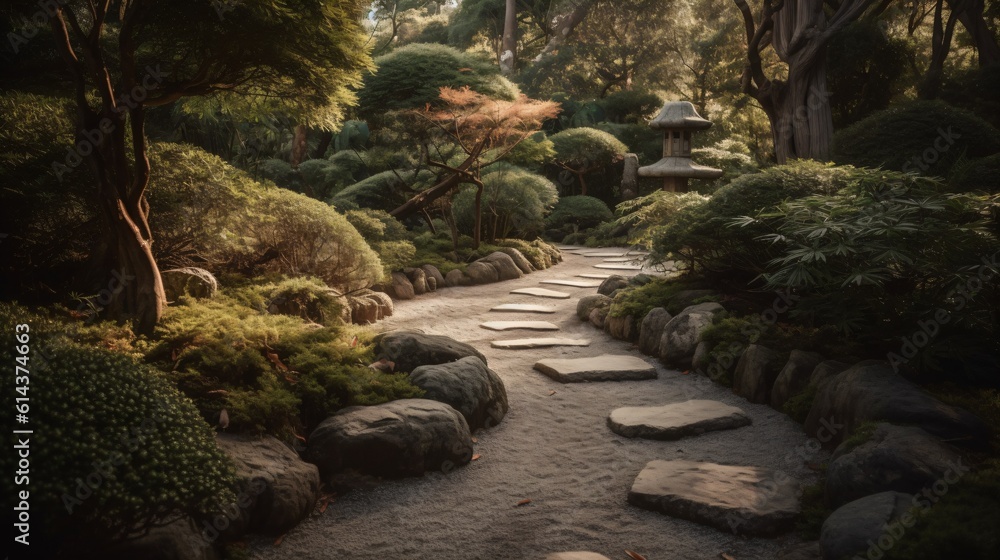 A Zen stone path winding through a beautifully landscaped garden, evoking a sense of calm and tranquility . Generative AI