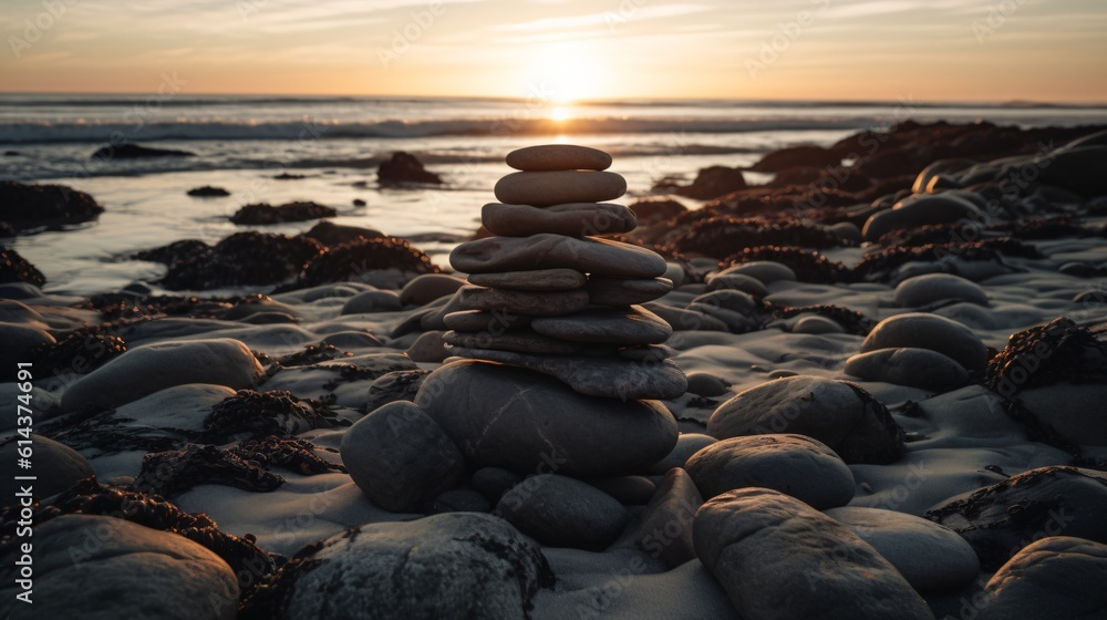 A simple zen rock cairn balanced precariously on a rugged beach at sunrise . Generative AI