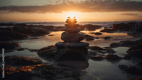 A simple zen rock cairn balanced precariously on a rugged beach at sunrise . Generative AI © XtravaganT