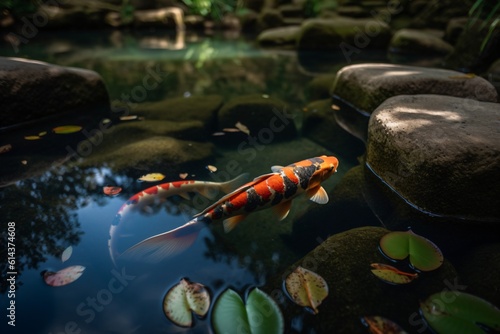 A Zen-inspired koi pond with colorful fish swimming leisurely  surrounded by lush greenery and smooth stones . Generative AI