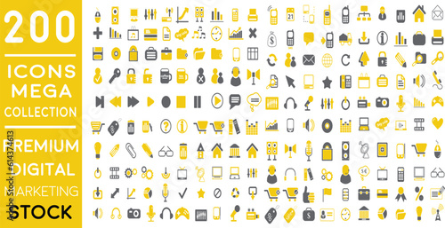 Premium Digital Marketing web icons in FLAT/LINE style icon pack with Social, networks, feedback, communication, marketing, and e-commerce. Vector illustration yellow icons set of  200 icon pack.