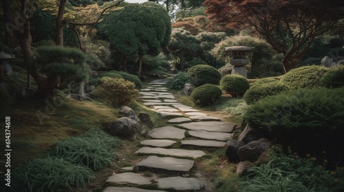 A Zen stone path winding through a beautifully landscaped garden, evoking a sense of calm and tranquility . Generative AI © XtravaganT
