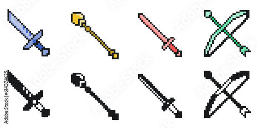 Pixel Icon Set of 8bit Weapon Items, Colored and Black Fill