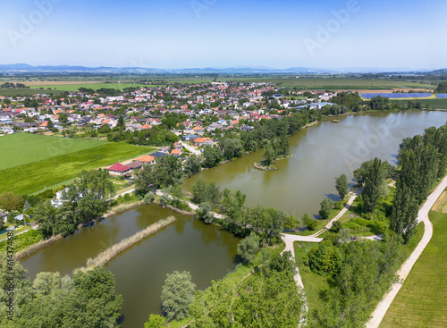 Lake and village in Slovakia, aerial view