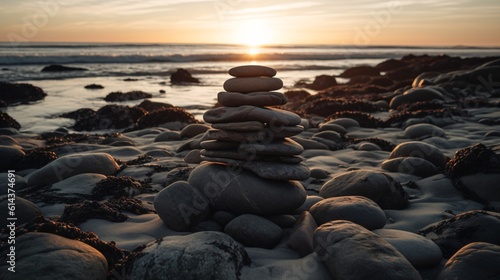 A simple zen rock cairn balanced precariously on a rugged beach at sunrise . Generative AI