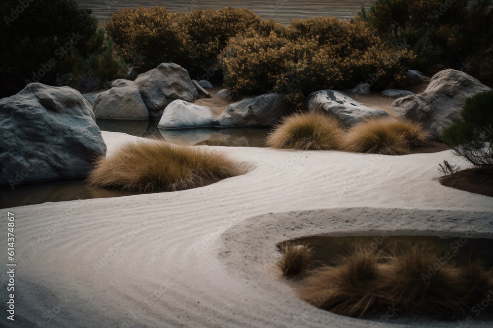 Fototapeta premium A tranquil zen garden with meticulously raked sand, surrounded by minimalist rock formations and a serene water feature . Generative AI