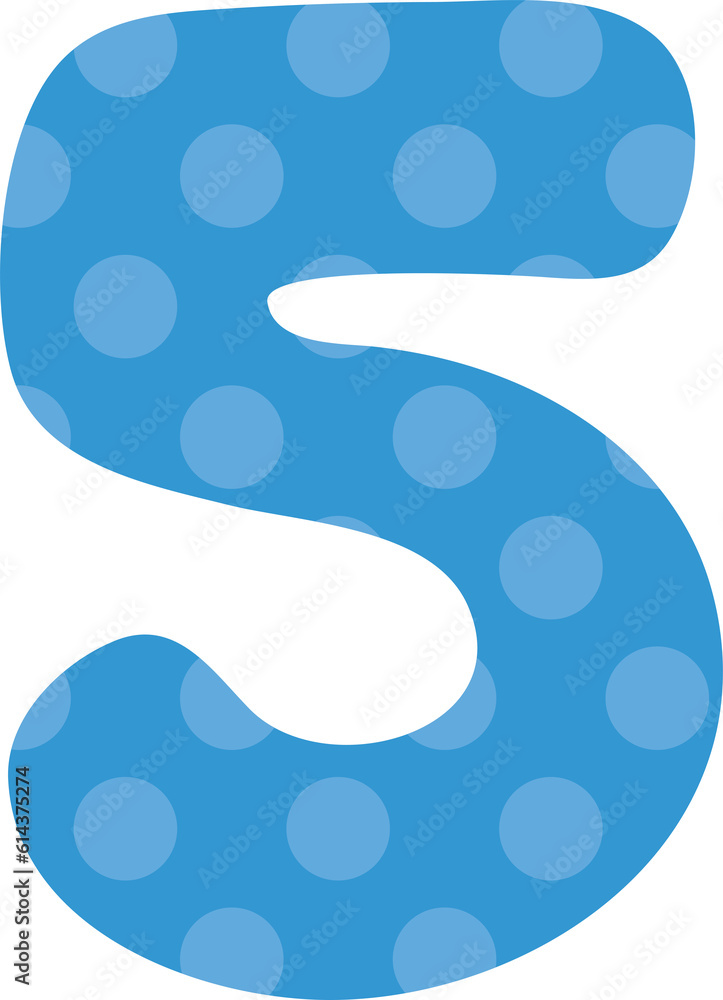 Colorful and playful pattern numbers for kids. Blue polka dot number five.