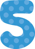 Colorful and playful pattern numbers for kids. Blue polka dot number five.