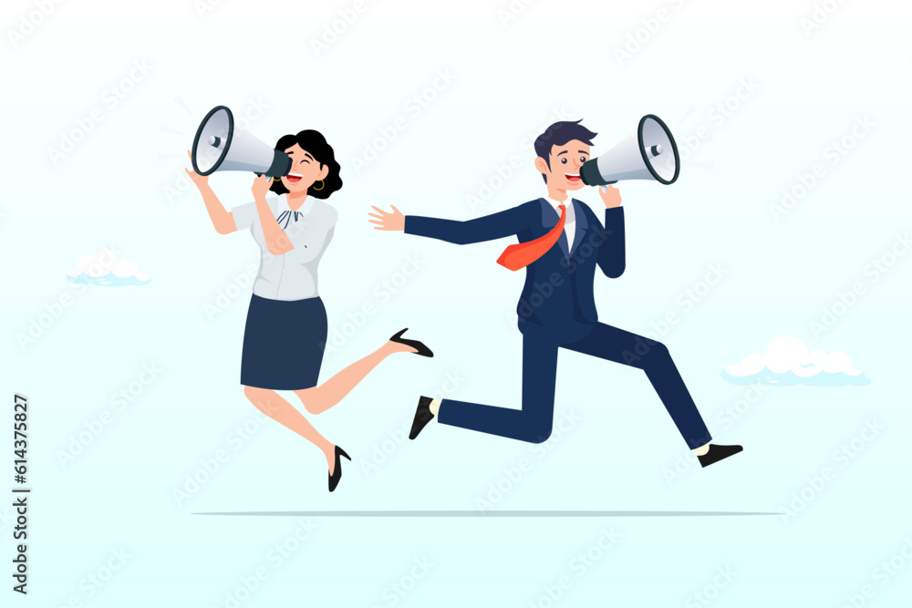 Businessman and woman shouting on megaphone, communicate message, announce job vacancy for hiring, shouting promotion or company communication, warning alert or beware or important message (Vector)