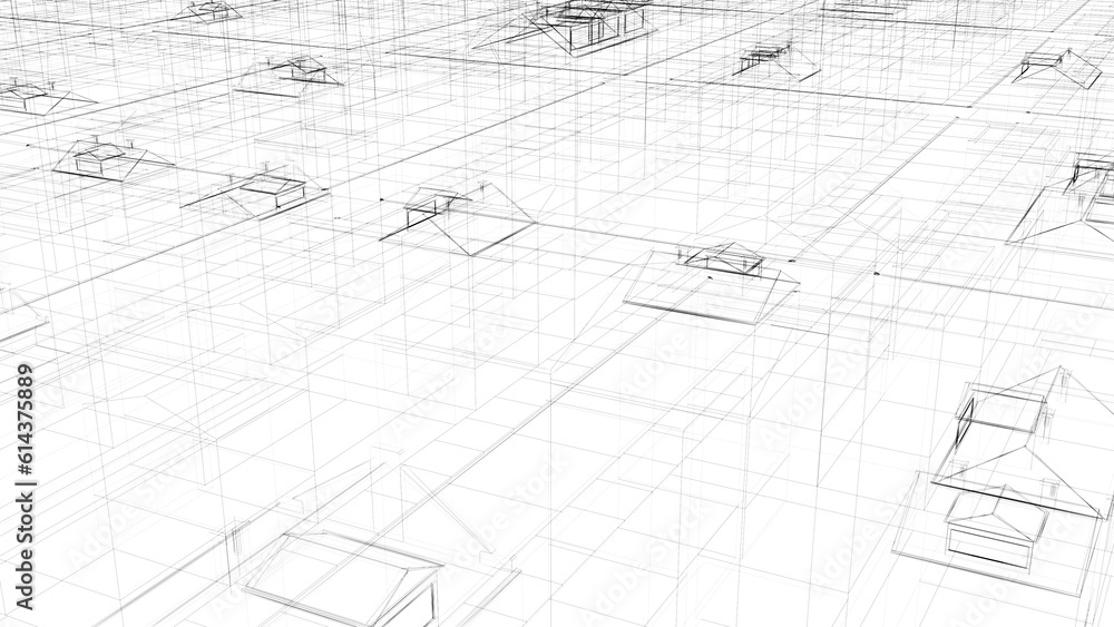 Grid drawing of city on white 3d render