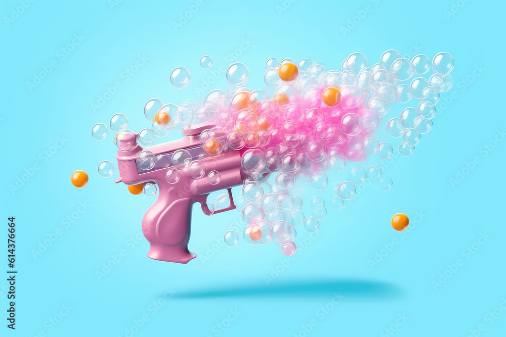 Children's water pistol with many colored bubbles. Water gun for party. Creative concept for kid's party, childhood, summer games and sea holidays. Generative AI 3d render illustration imitation.